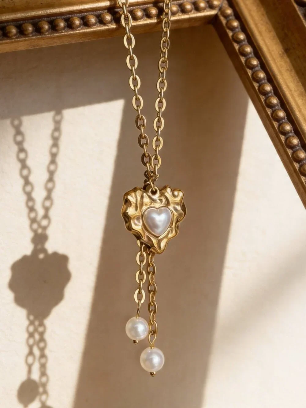 Gold Heart Pearl Drop Necklace Stainless Steel - Picture 5 of 13